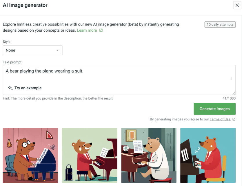 AI prompt example saying “A bear playing the piano wearing a suit.”
