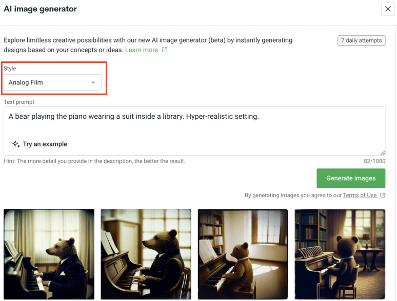 AI prompt example saying “A bear playing the piano wearing a suit inside a library. Hyper-realistic setting” with the “Analog Film” style selected.