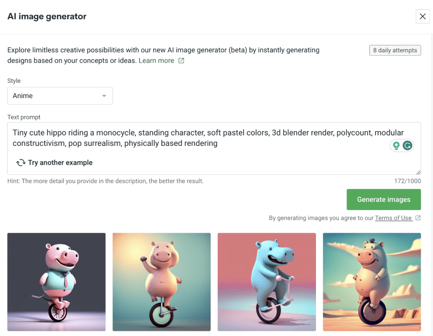 AI prompt example saying “Tiny cute hippo riding a monocycle, standing character, soft pastel colors, 3D blender render, polycount, modular constructivism, pop surrealism, physically based rendering.”