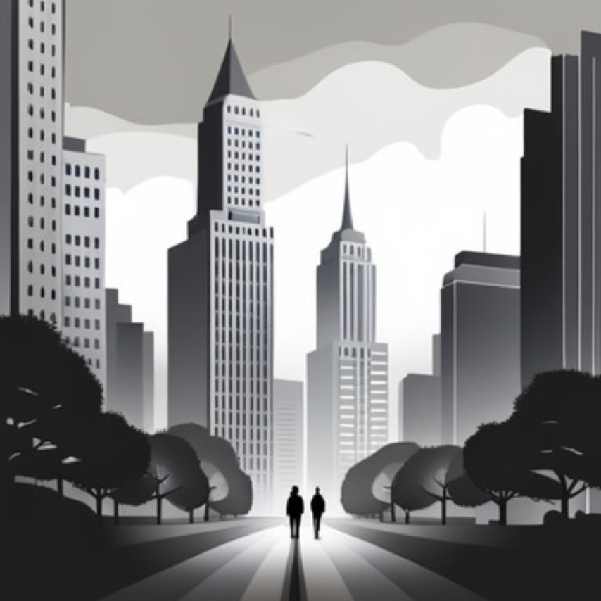 AI generated design of a city landscape with tall buildings in the background and two human silhouettes walking in the foreground.