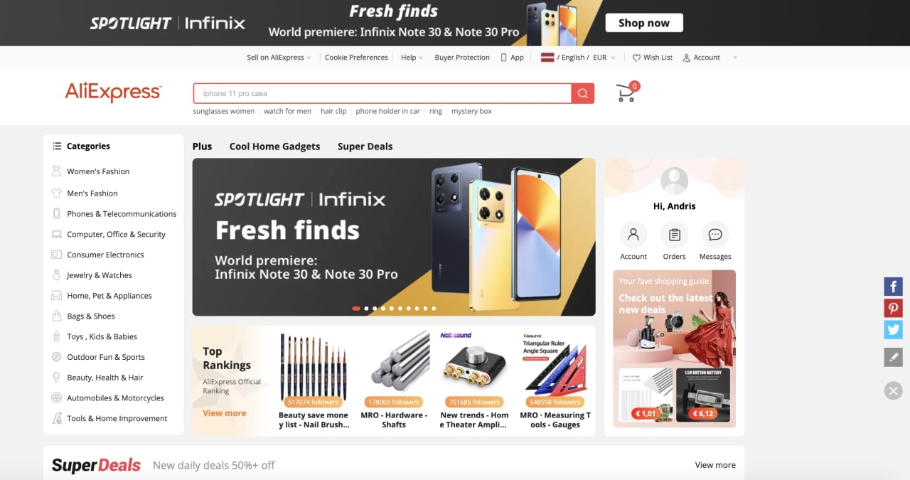 AliExpress homepage screenshot.