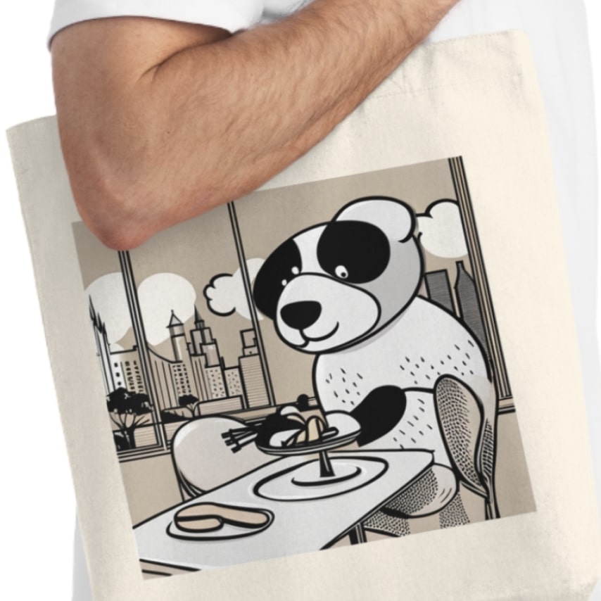 Tote bag with an AI generated design of a cartoon panda at a restaurant.