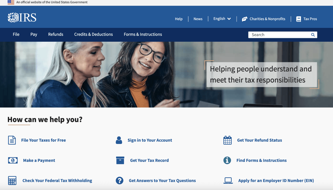 IRS (Internal Revenue Service) homepage screenshot.