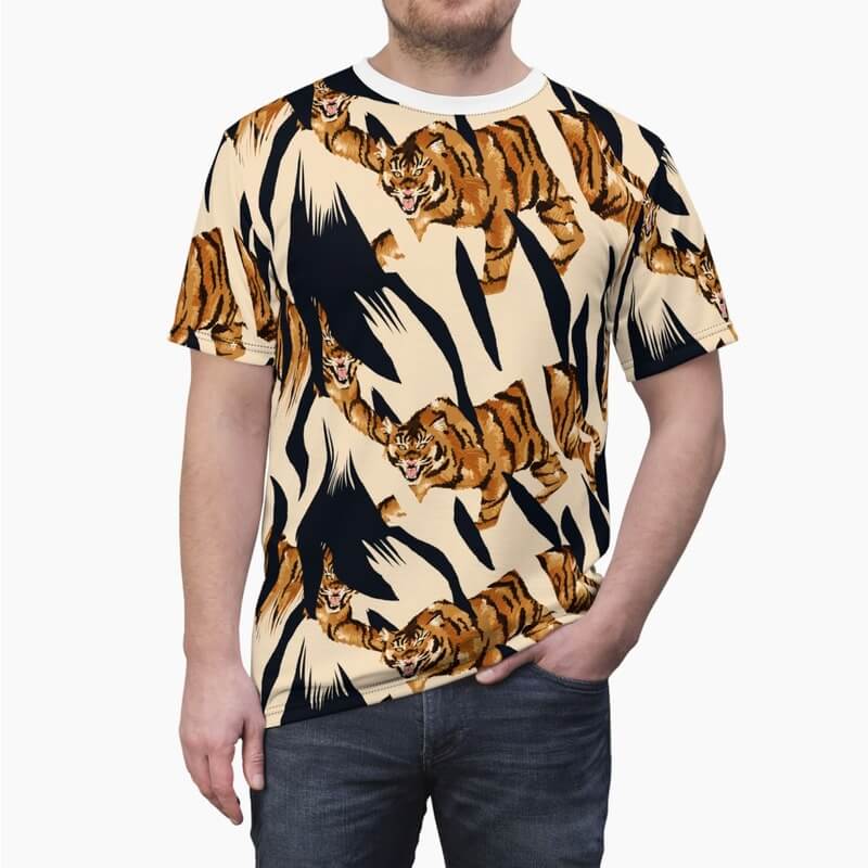 A mockup image of a man wearing a unisex custom all-over-print t-shirt with a tiger print.