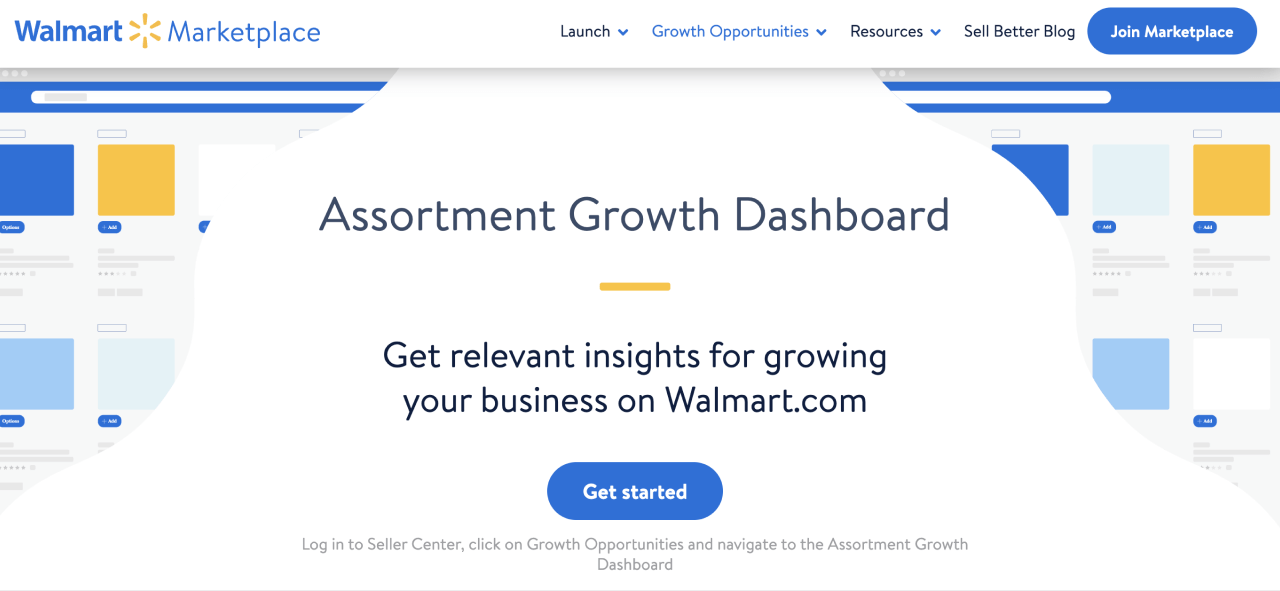 Walmart Marketplace Assortment Growth Dashboard homepage hero section screenshot.