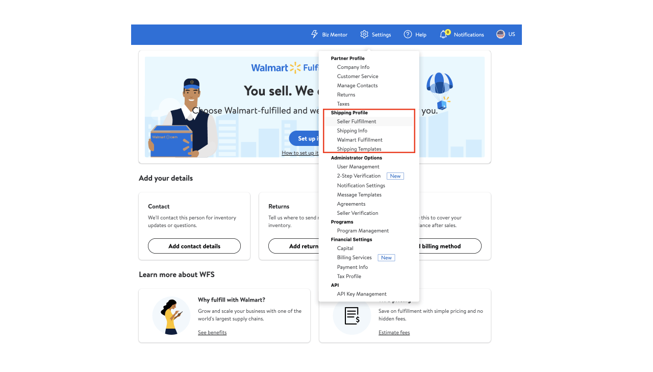 Walmart Fulfillment Services “Settings” tab drop down menu screenshot with “Shipping Profile” highlighted.