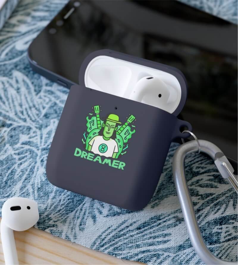 A display of a black custom AirPod case with a neon green design on it.