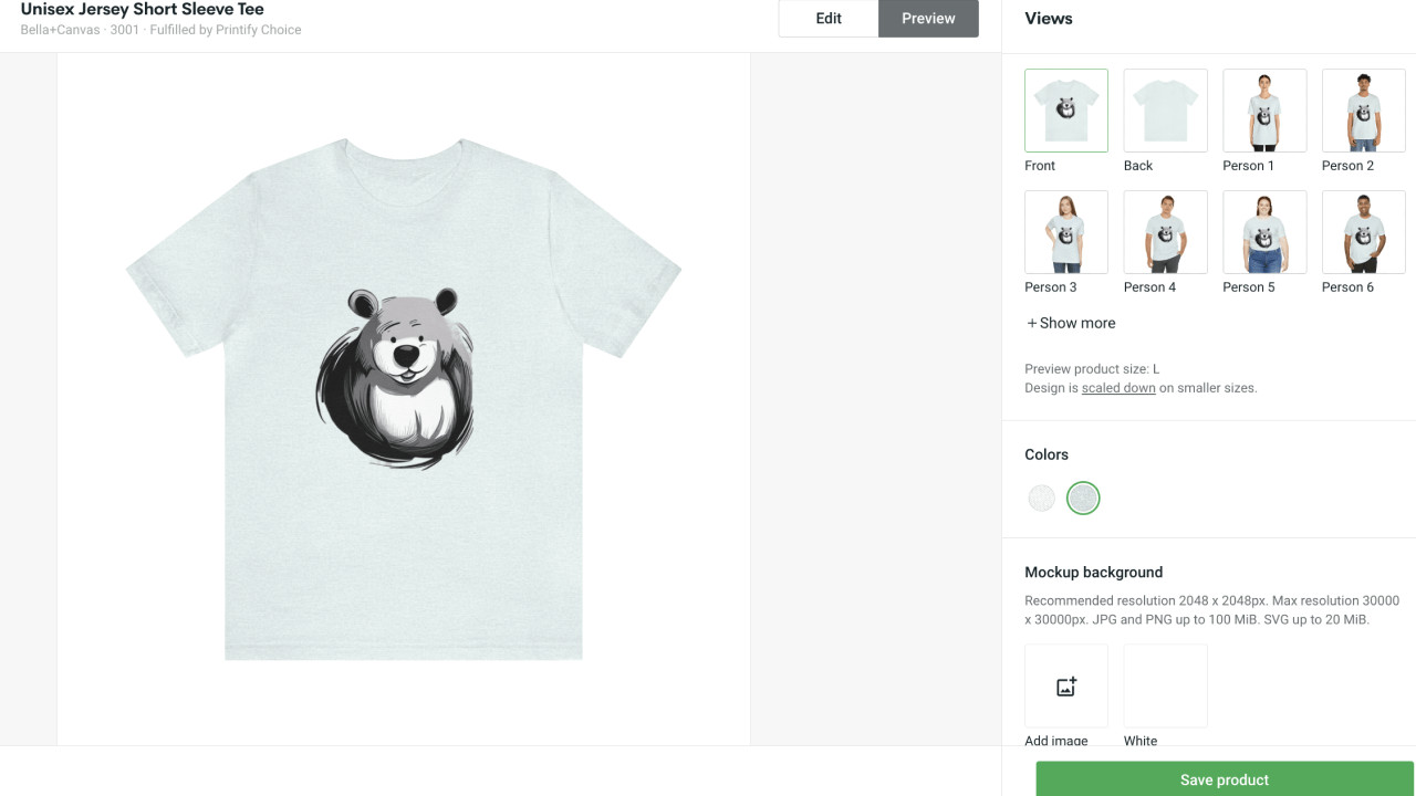 Preview – Preview mockup of a shirt with a design of a cartoon bear generated by AI with its background removed.