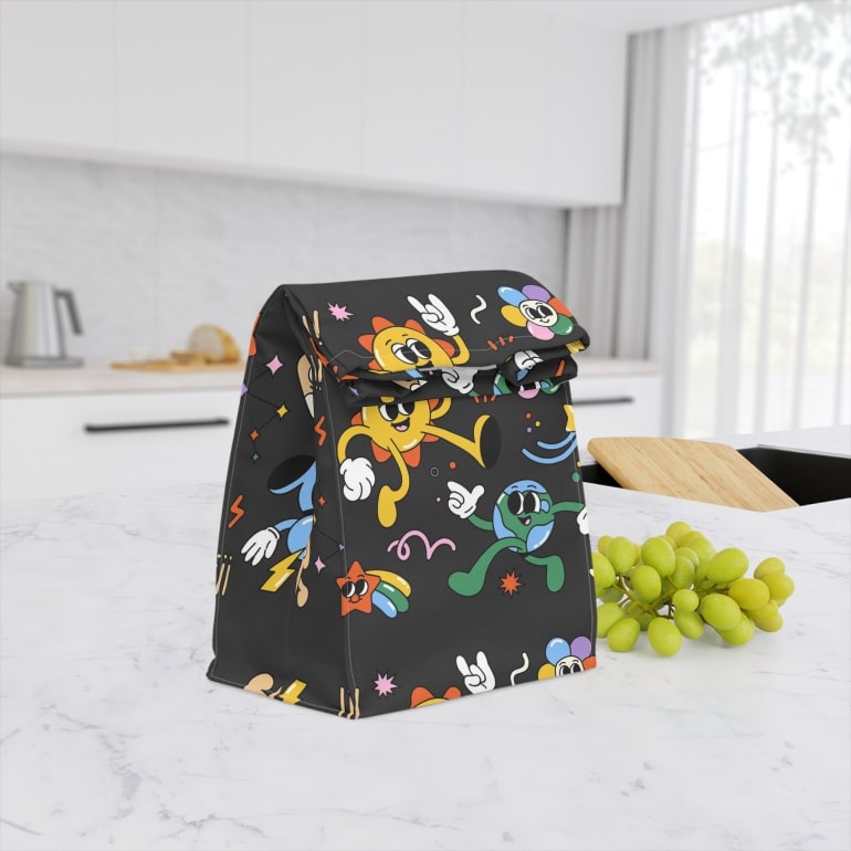 A personalized lunch bag with printed abstract illustrations.