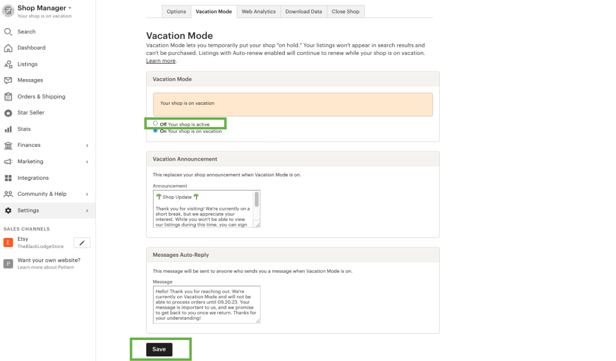 Etsy's Shop Manager Vacation Mode page showing the option to turn the Vacation Mode off and make one's shop active again.