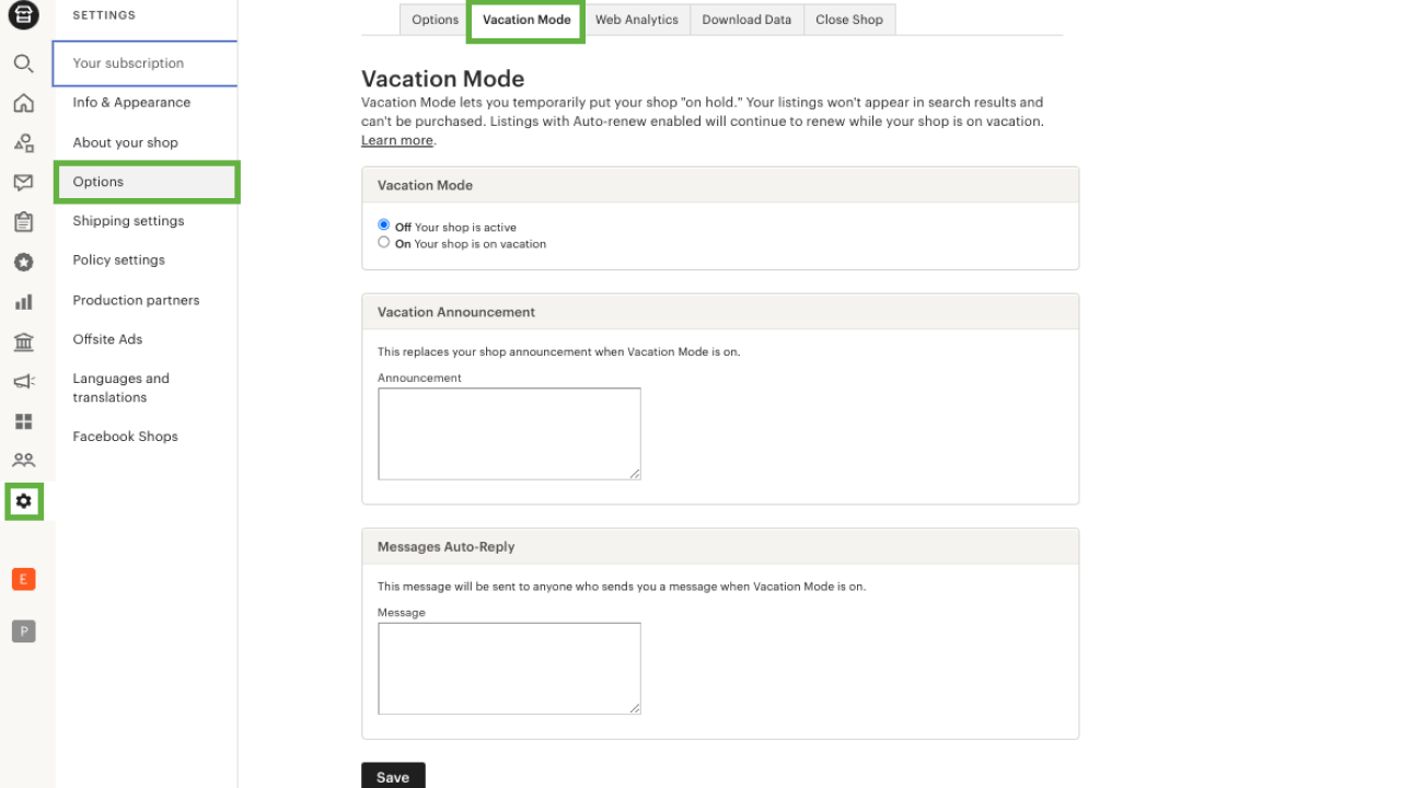 Etsy's Shop Manager left side banner highlighting Settings, Options, and Vacation Mode sections.