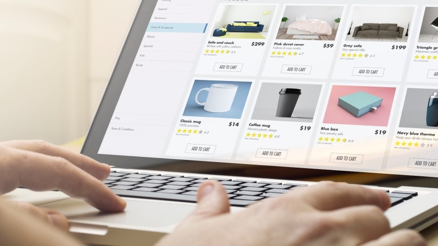 A person browsing through various product categories – mugs, furniture, home decor, and more.
