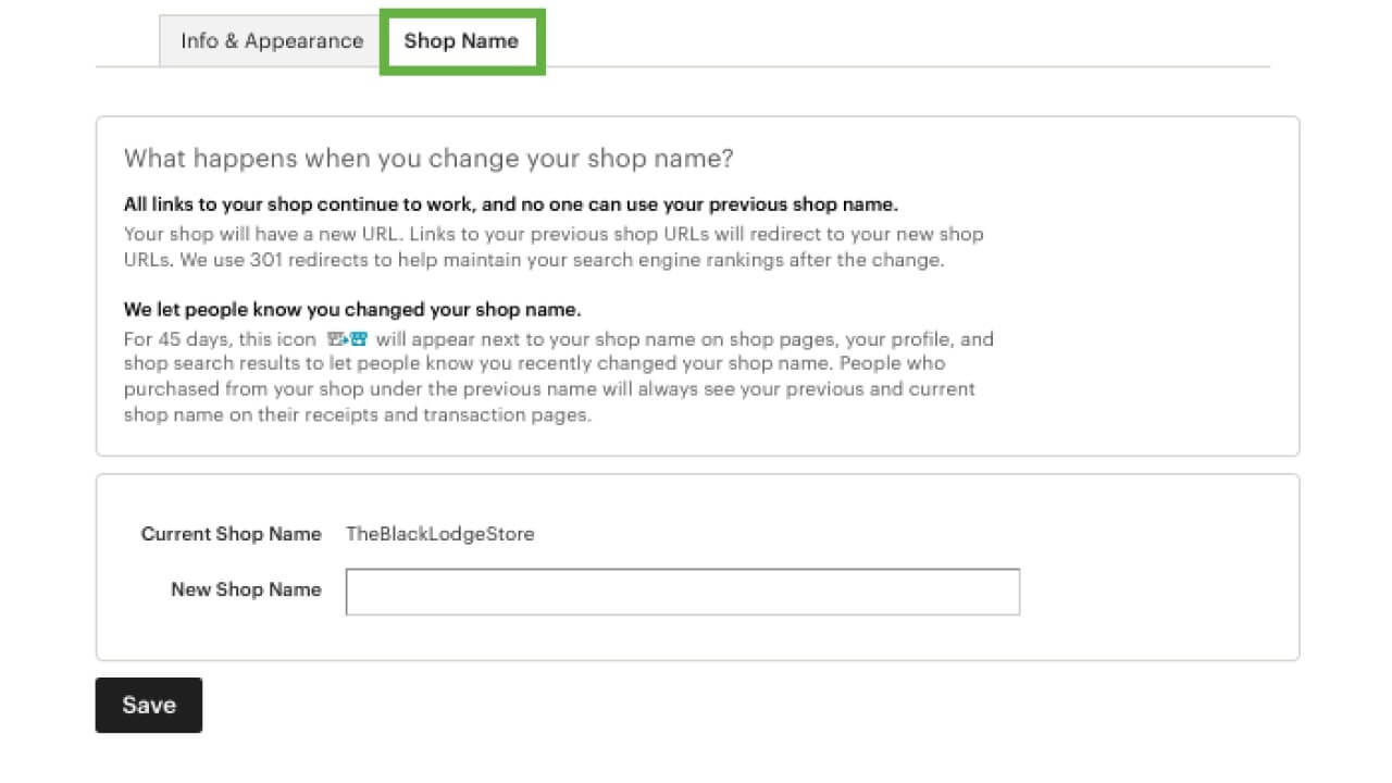 “Shop Name” section on Etsy showing the option to enter a new shop name and save the changes.