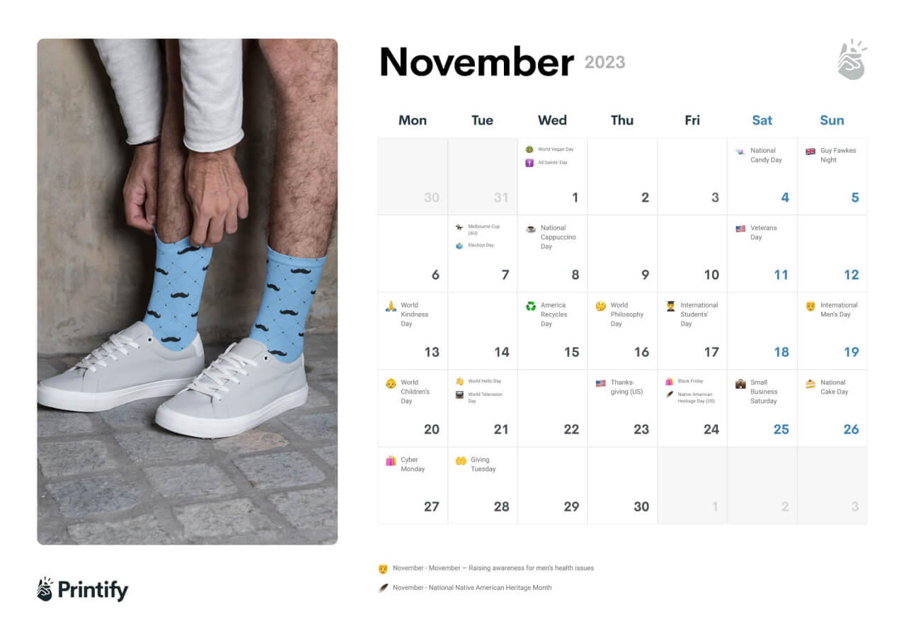 A screenshot from the Printify content marketing plan, showcasing November and all the important events.