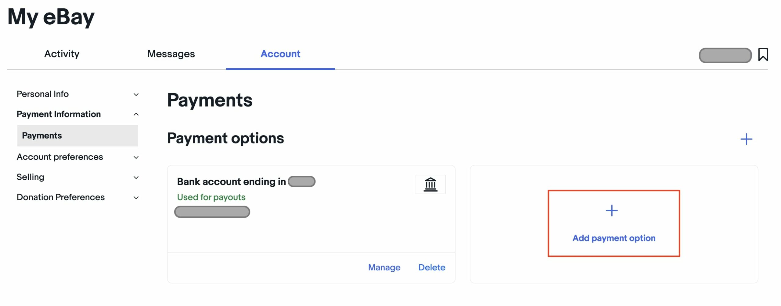 The Payments section in the eBay Seller Hub, with the bank account number hidden in grey and the "Add payment option" highlighted in red.