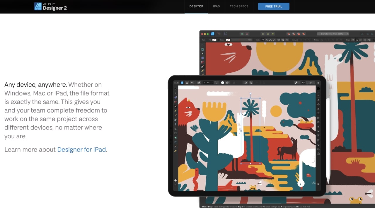 Affinity Designer 2 homepage promoting their functionality across different devices.