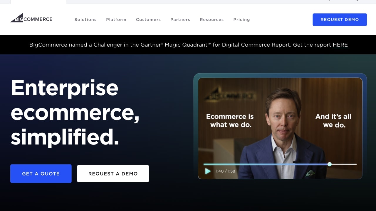 BigCommerce homepage promoting their enterprise eCommerce solutions.