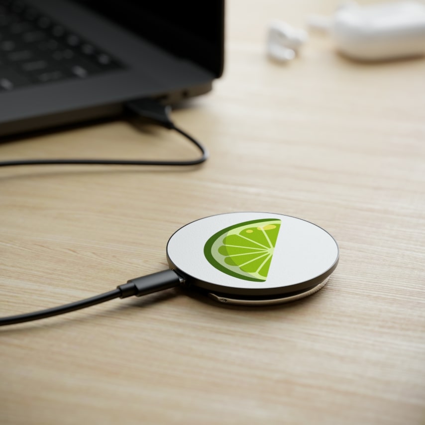 Custom Induction Charger with a design of a bright green lime slice.