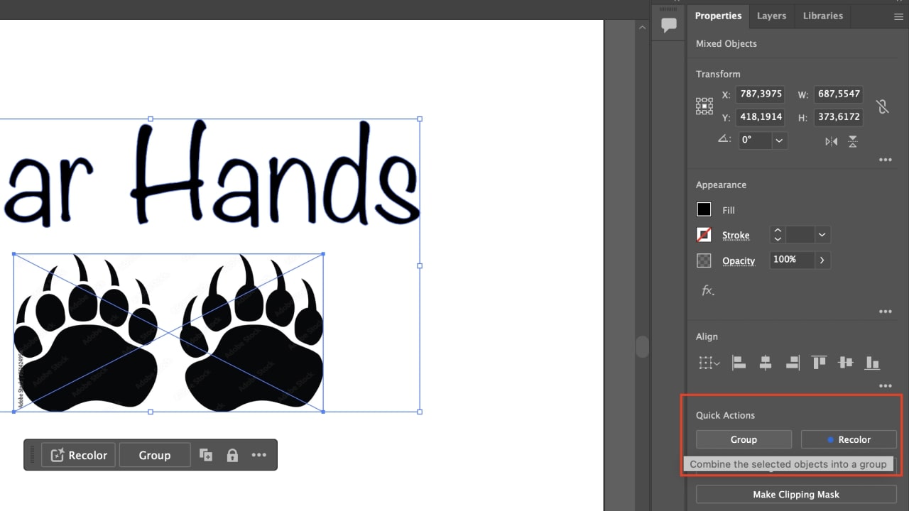 Quick Actions section in Adobe Illustrator that allows combining selected objects into a group.