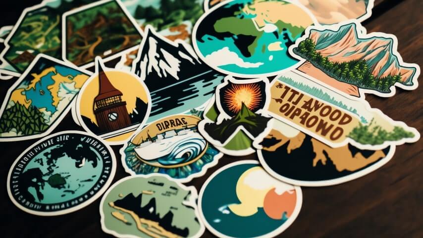 An assortment of adventure-themed stickers with various designs, including mountains, forests, and a globe, spread out on a dark surface.