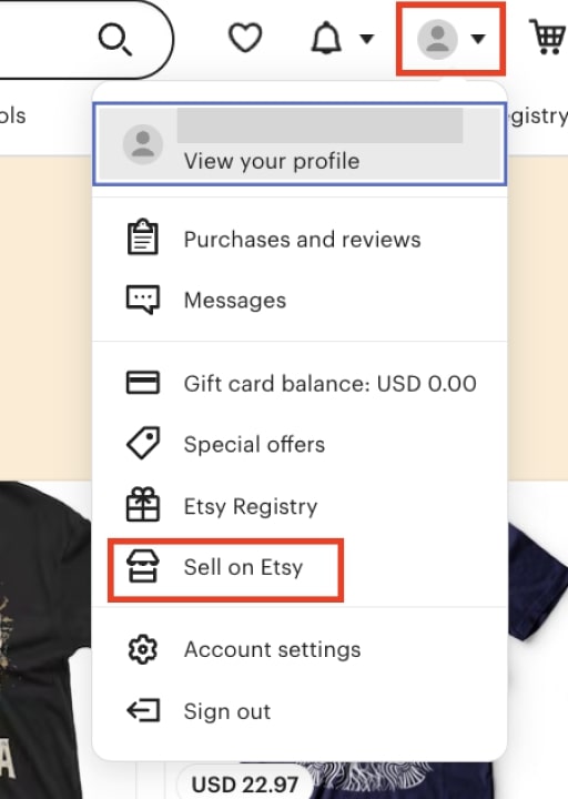 Sell on Etsy section highlighted in the Etsy's user account dropdown.