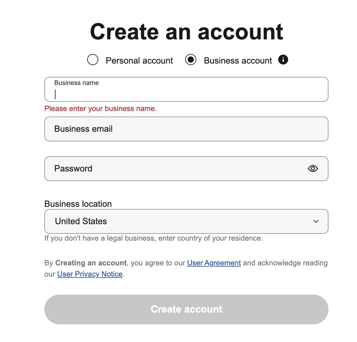 The "Register" section on the eBay page with the option "Business account" selected and fields for filling in your business name, email, location, and password. A grey button with the text "Create account" in white is placed in the lower area.