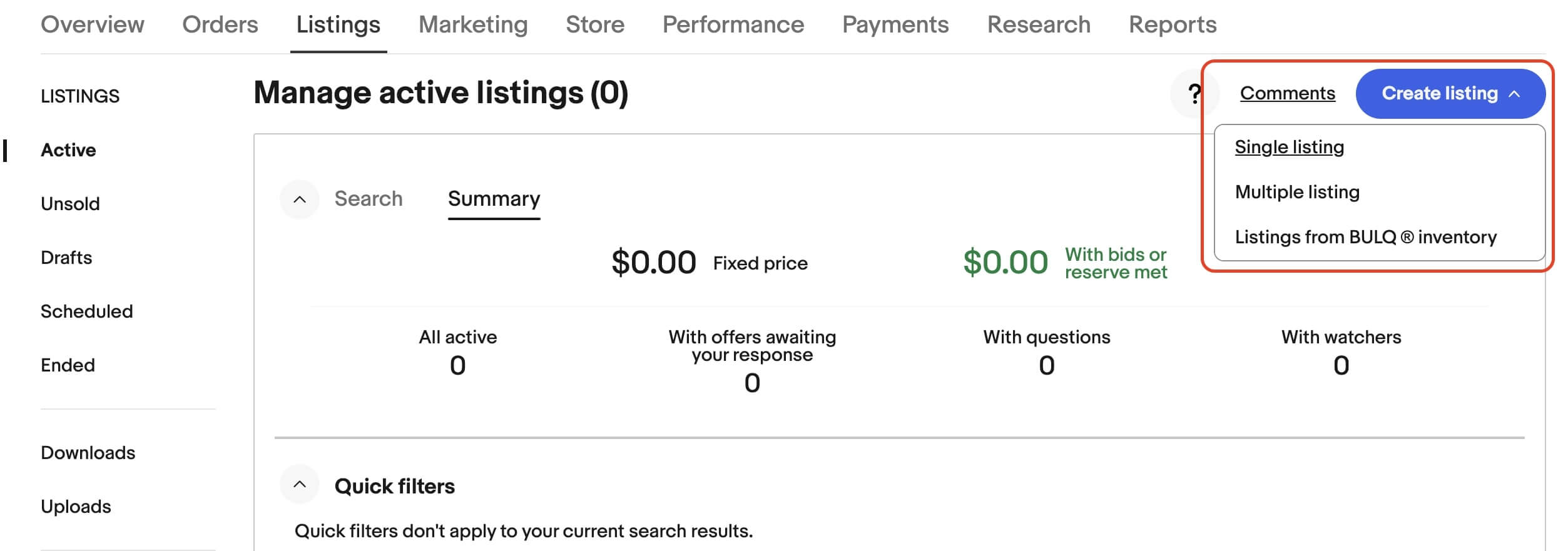 The "Listings" menu in the eBay Seller Hub. The section "Create Listing" is highlighted in red.