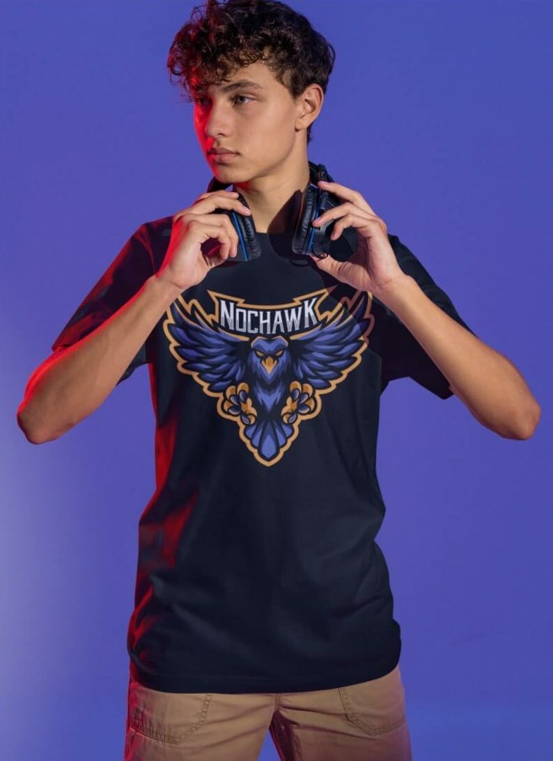 A young man wearing a custom eSports jersey.
