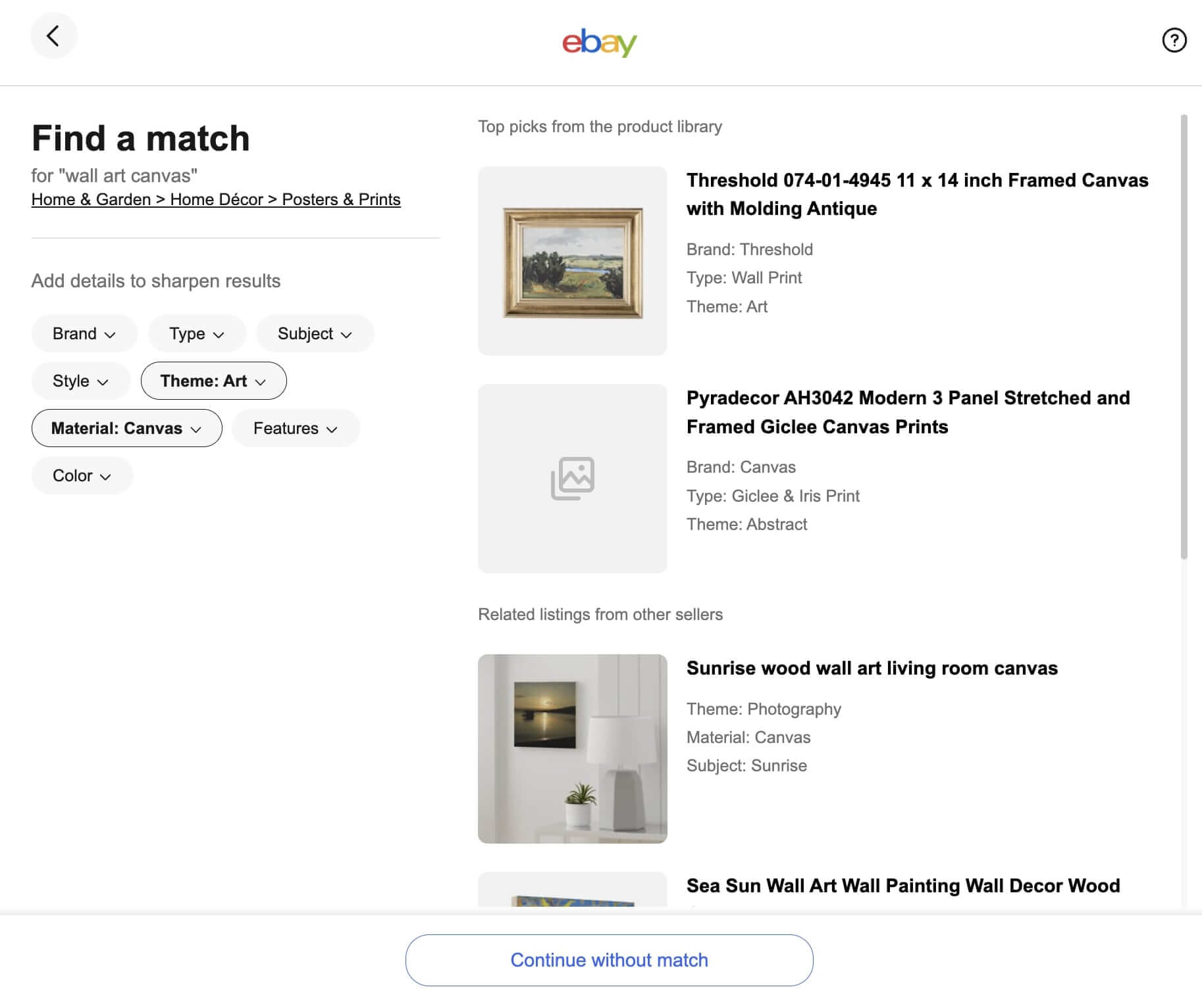 The "Find a match" page on eBay listings with the Home & Garden > Home Decor > Posters & Prints selected. eBay shows mockups of canvas on the right side, including a framed canvas with molding antique and an unframed canvas, both displaying landscape and exposed on white walls.