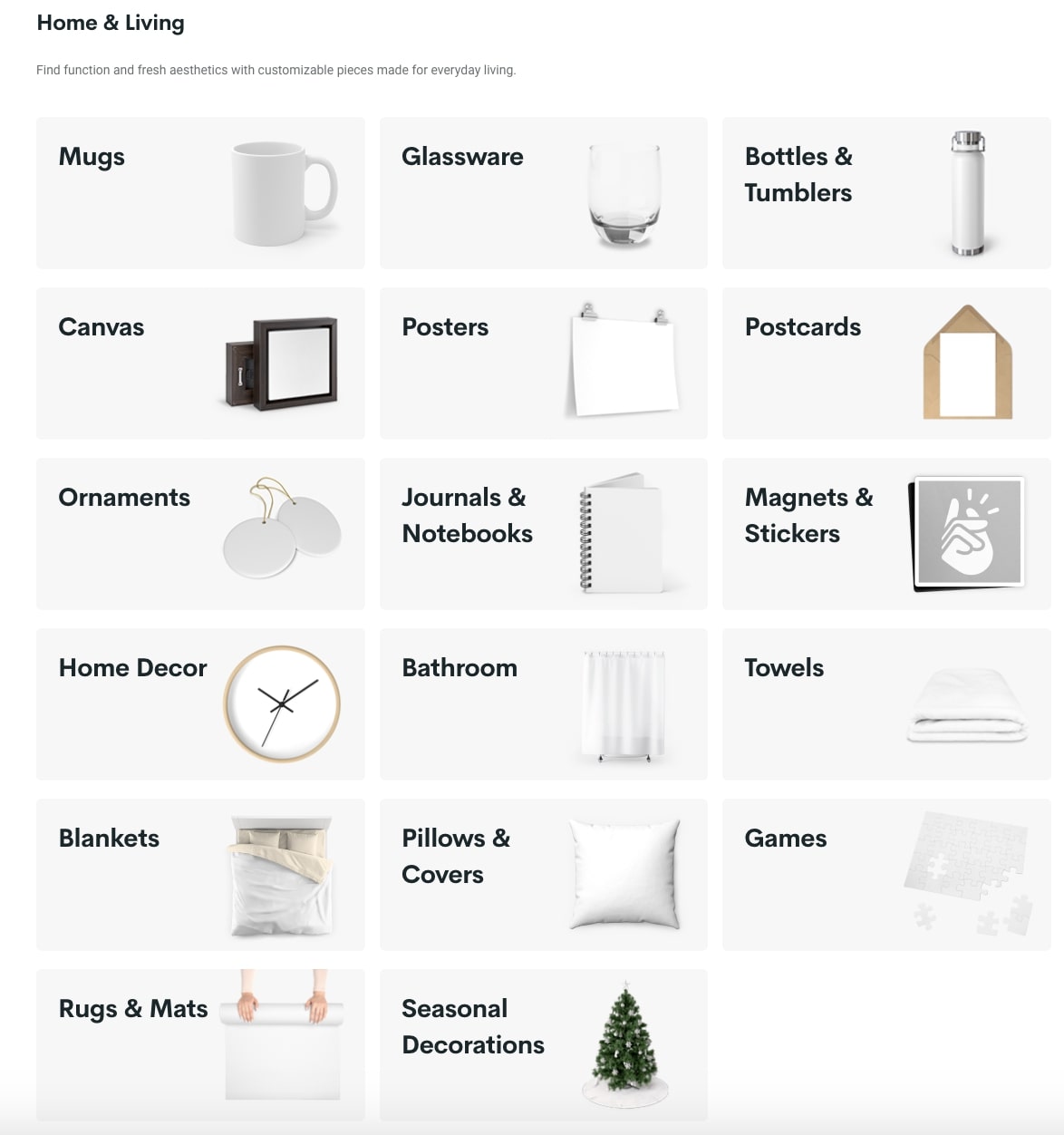 The Home & Living section of the Printify Catalog displaying from mugs and glassware to rugs & mats and seasonal decorations.