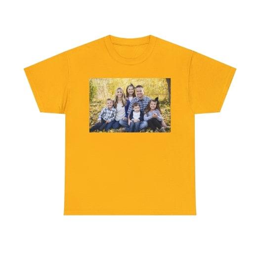 Other printed products Apparel A yellow t-shirt with a family photo printed on it.