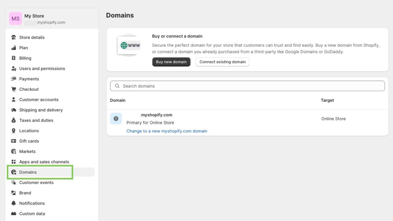 “Domains” section highlighted within Shopify's Settings left sidebar.