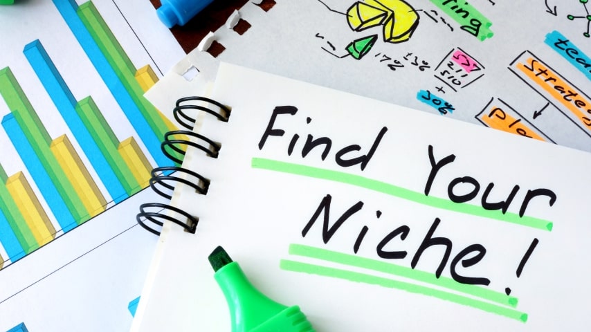 A notebook with the text “Find your niche!” written on one of its pages.