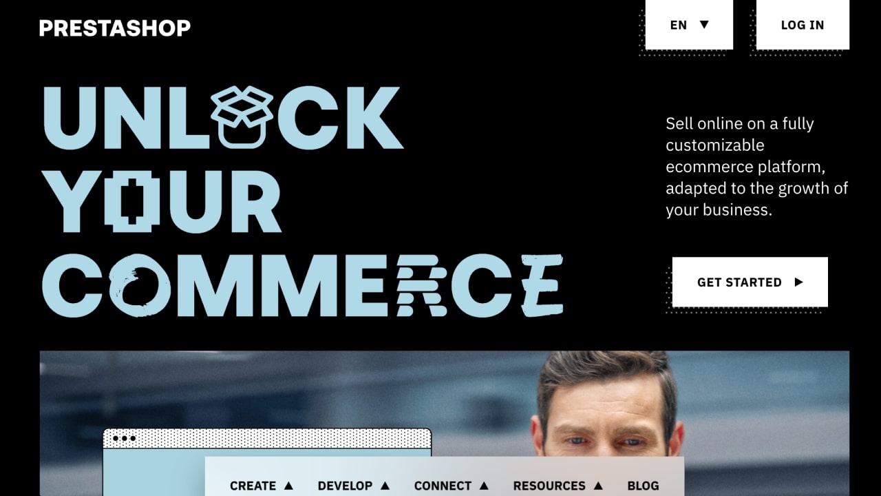 PrestaShop homepage promoting their eCommerce tools.