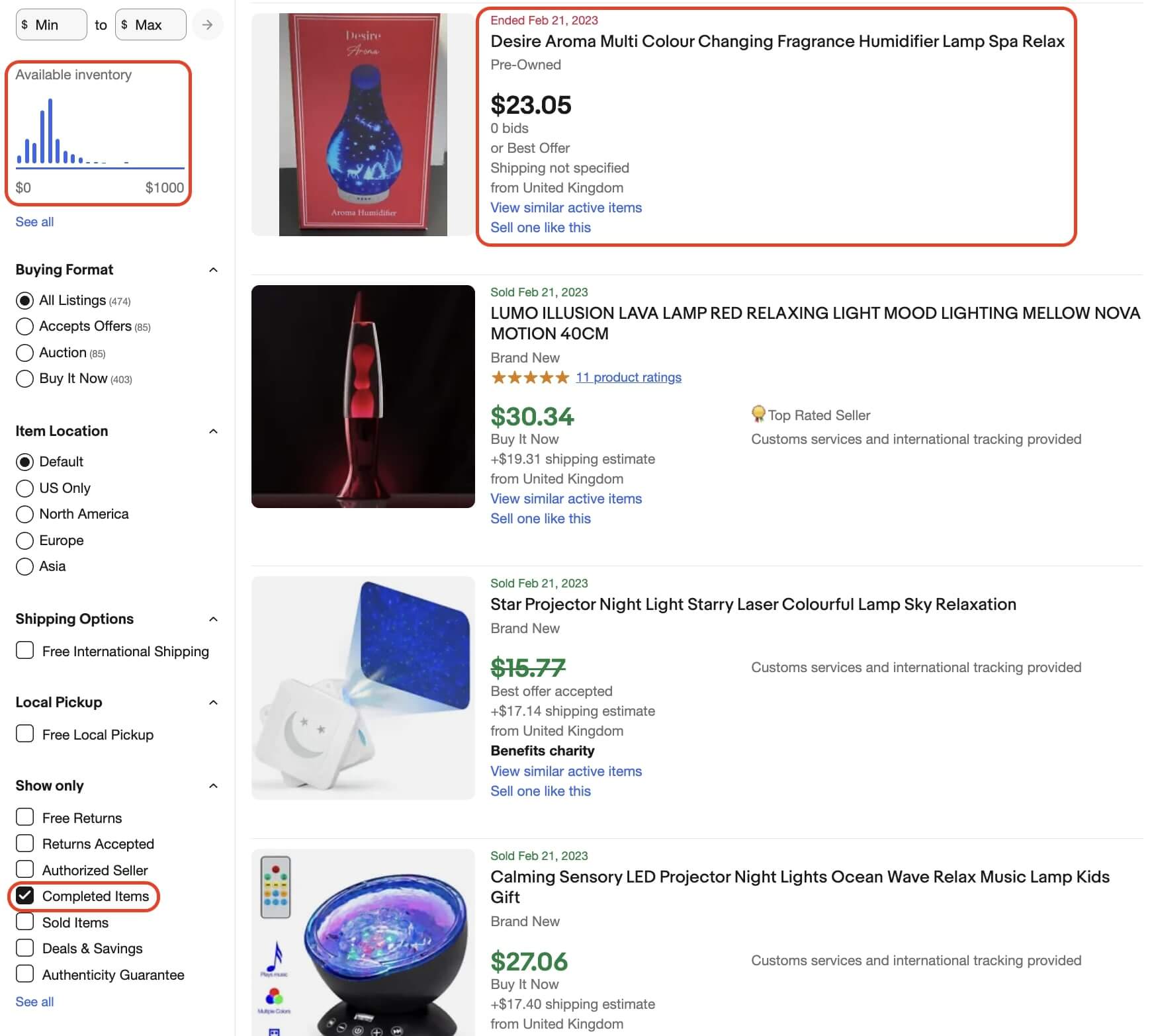 Results in the eBay search with several filters to the left and results to the left (lamps). A result (humidifier lamp", the "available inventory section," and the filter "Show only - completed items" are highlighted in red.