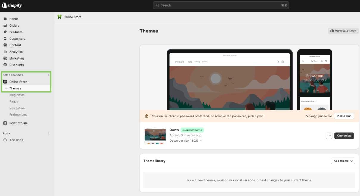 “Themes section highlighted on Shopify's left sidebar.