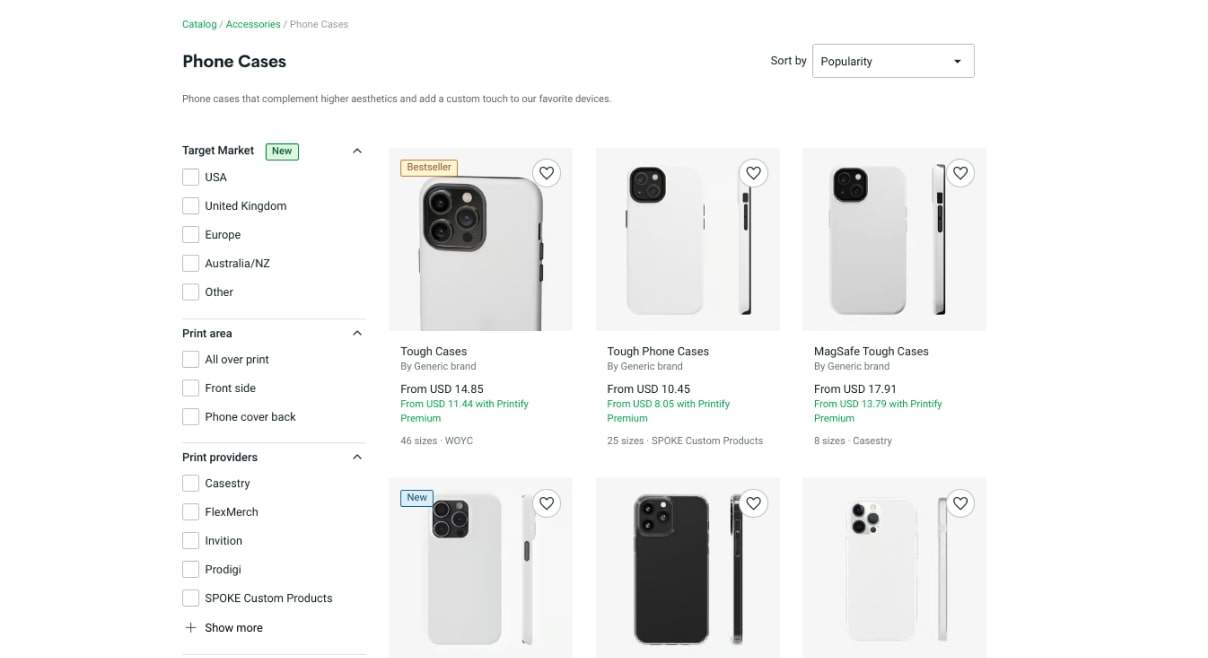 Printify's Catalog section for phone case displaying various case types and models.
