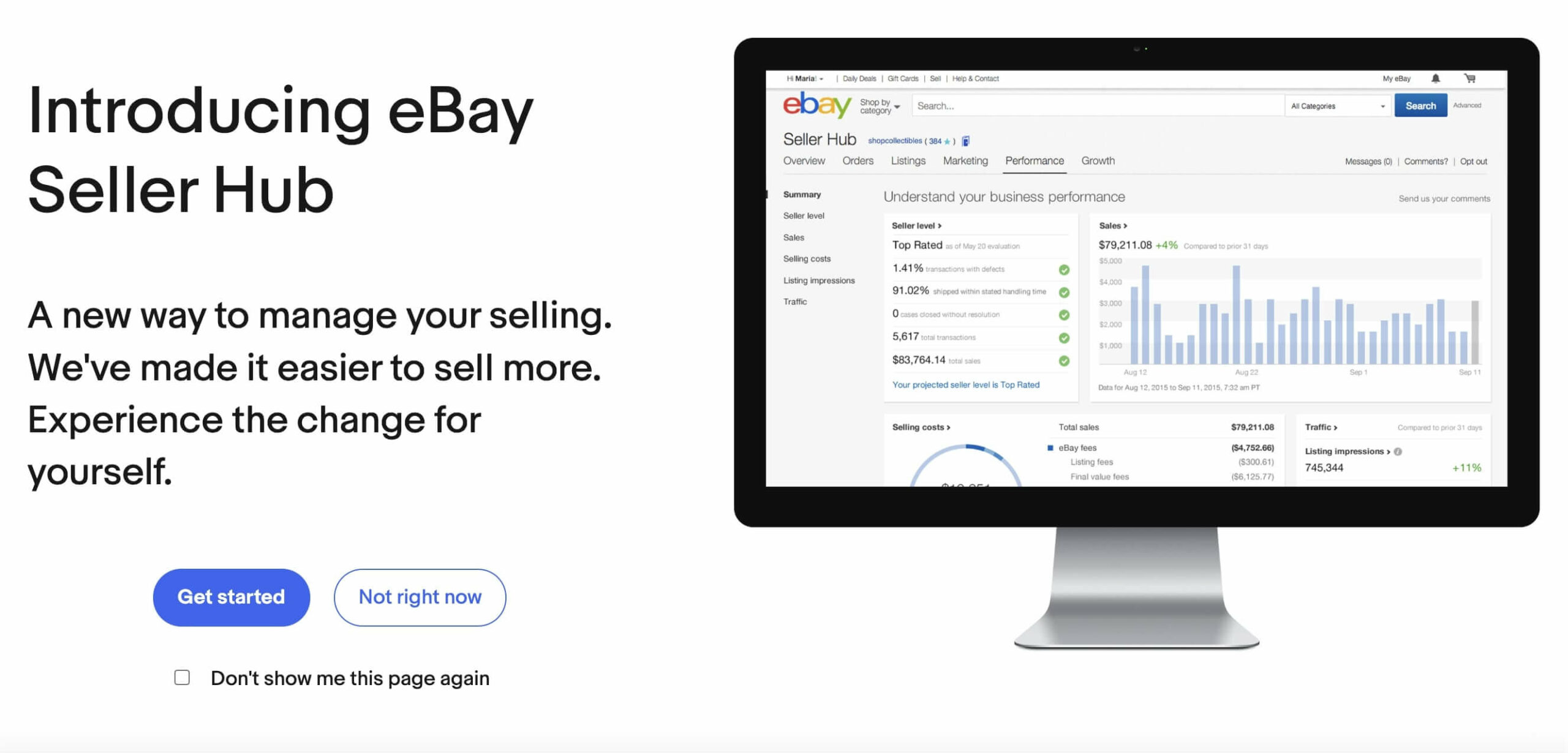 An eBay advertising page showcasing the eBay Seller Hub. There is a small explanation besides the image of a computer monitor with the Seller Hub on the screen, highlighting graphics and numbers in blue and green.
