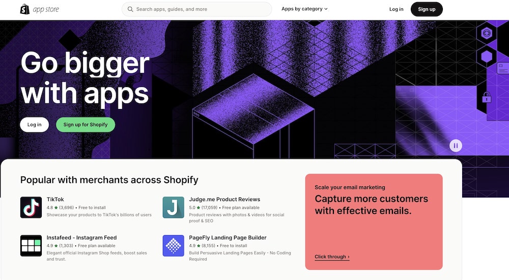 BigCommerce vs Shopify: Shopify app store screenshot.