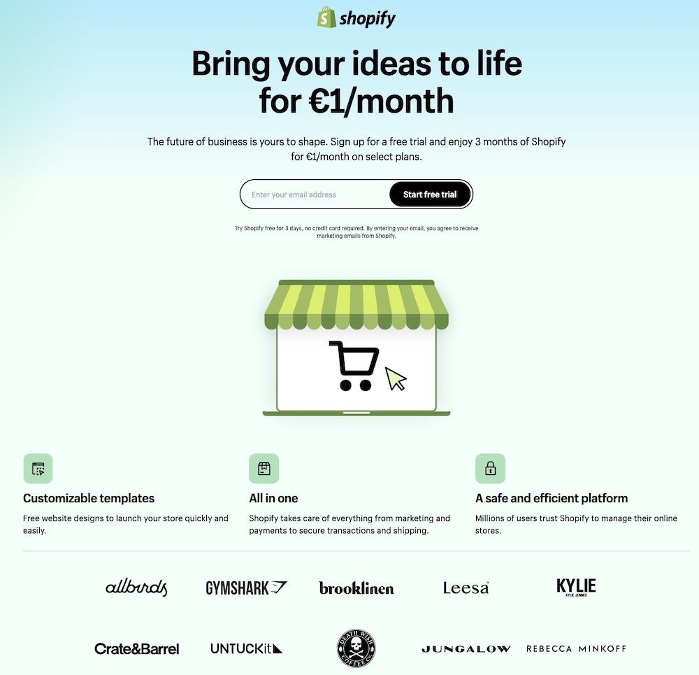 BigCommerce vs Shopify: Shopify homepage screenshot.