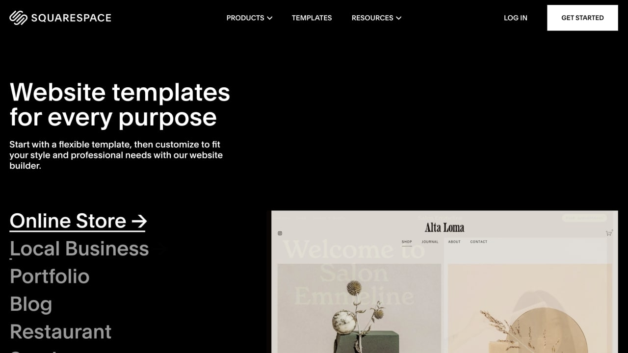 Squarespace homepage promoting their variety of website templates.