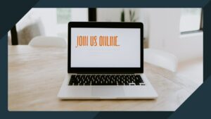 Header of an image of a laptop with the orange text “JOIN US ONLINE” on the screen.