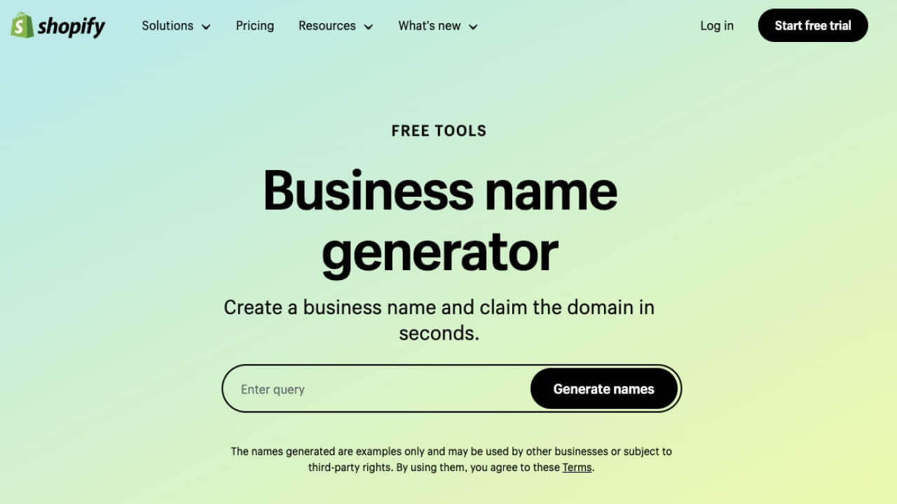 The first page of Shopify's Business name generator.