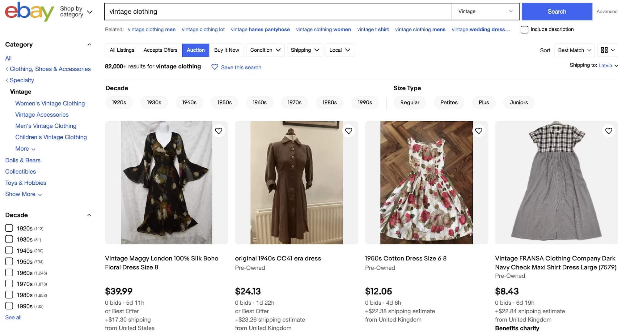 eBay search results for vintage clothing
