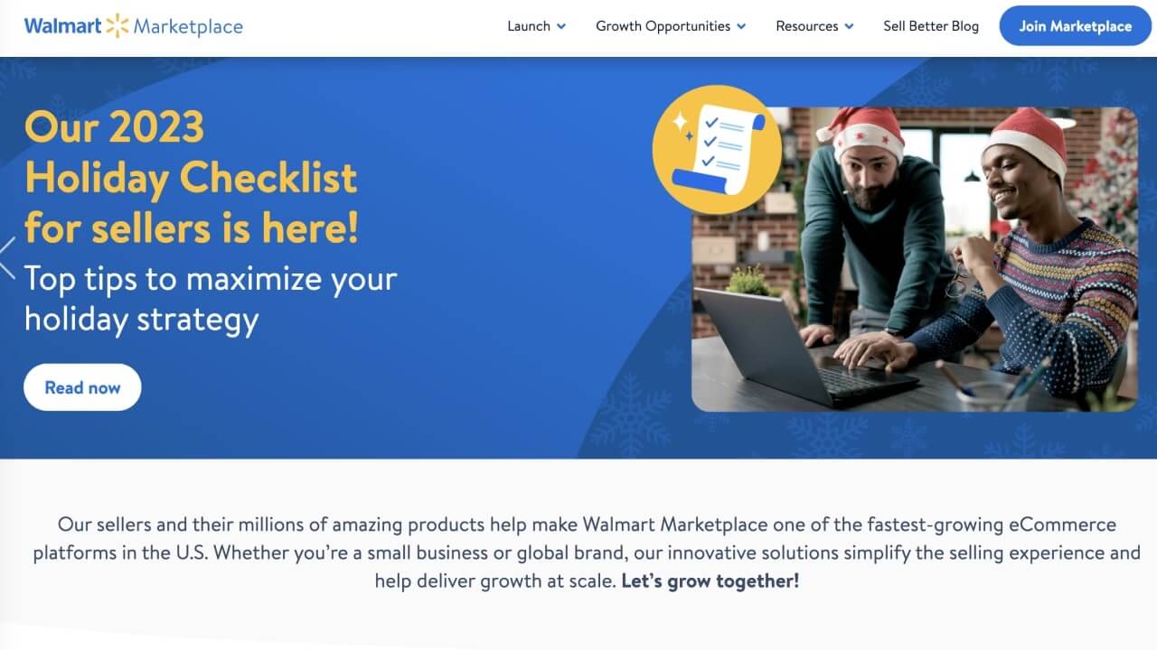 Walmart Marketplace homepage promoting a holiday checklist for sellers.