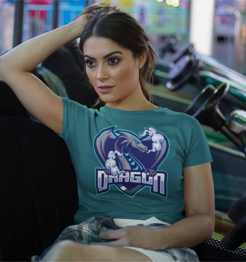 A young woman wearing a custom gaming jersey.