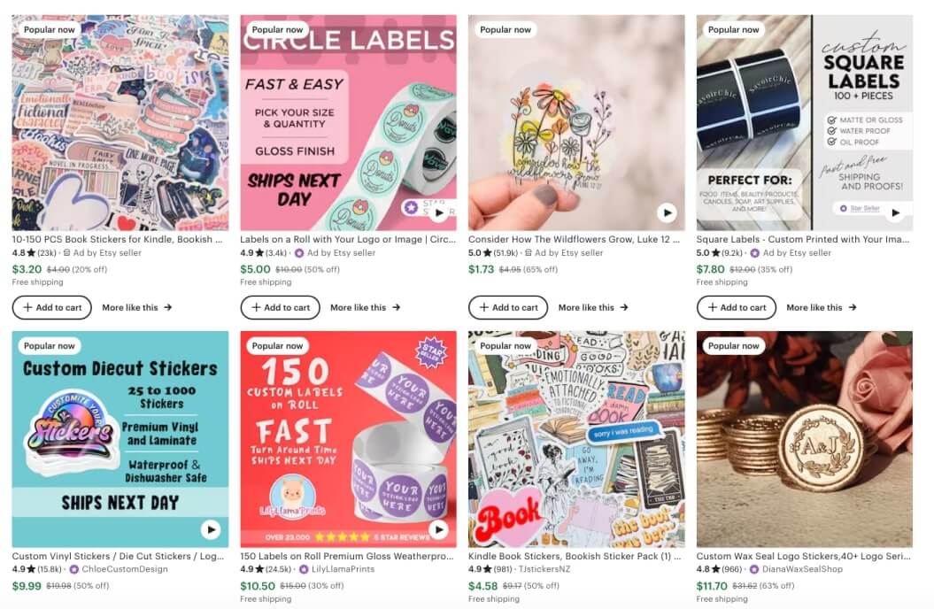 A collection of Etsy listings for various stickers and labels, showcasing different designs, colors, and purposes, with a clear indication of popularity and discounts.