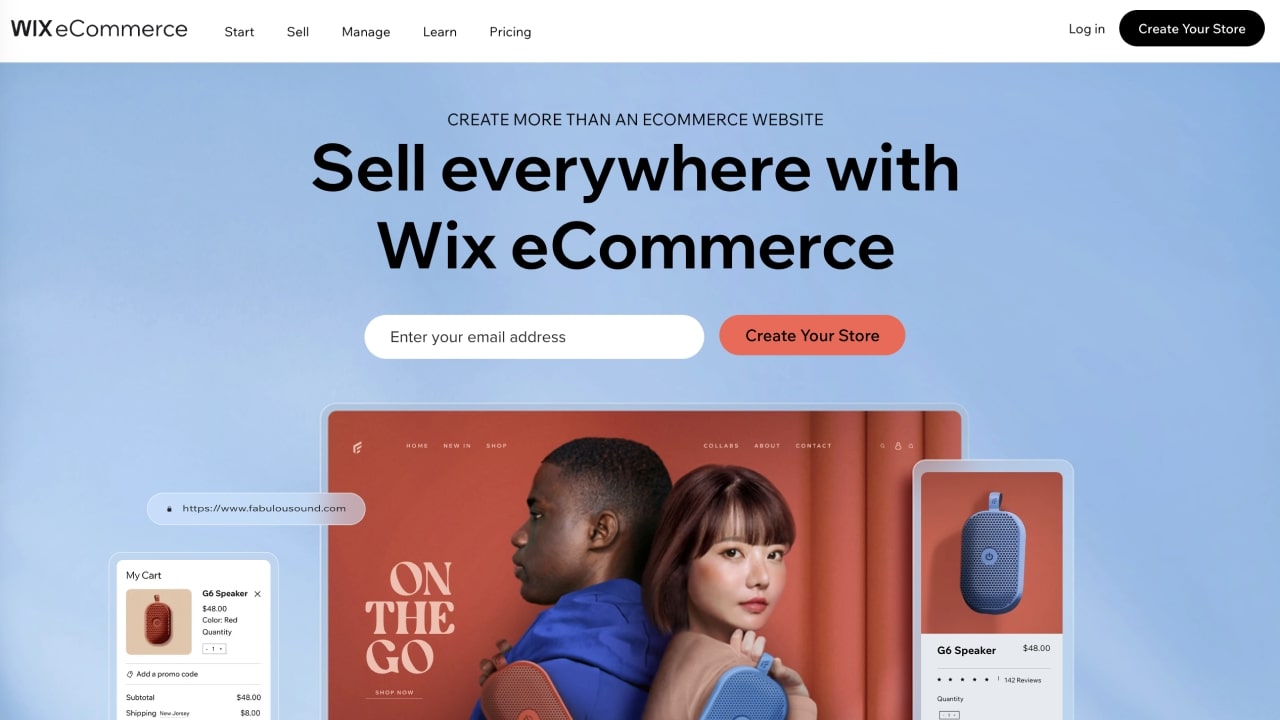 Wix eCommerce homepage promoting their store creation features.