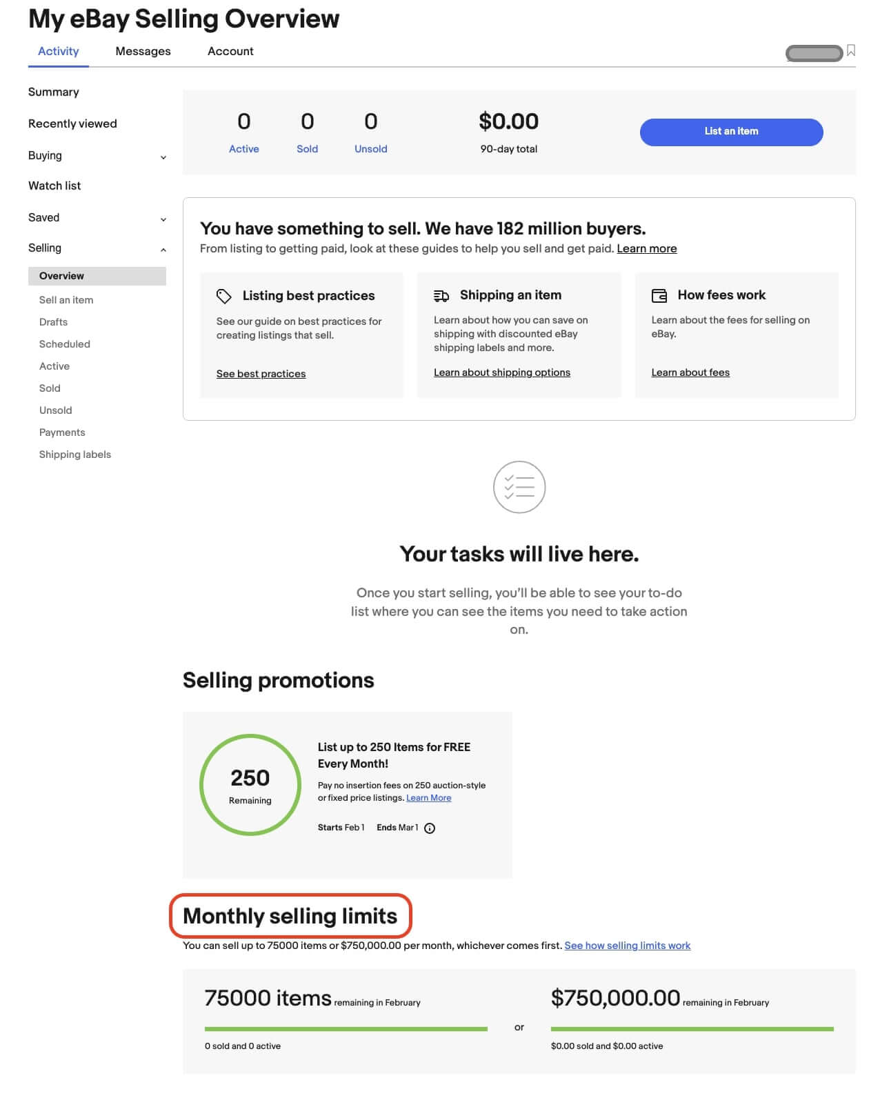 The "eBay Selling Overview" page, with the monthly selling limits heading highlighted in red.