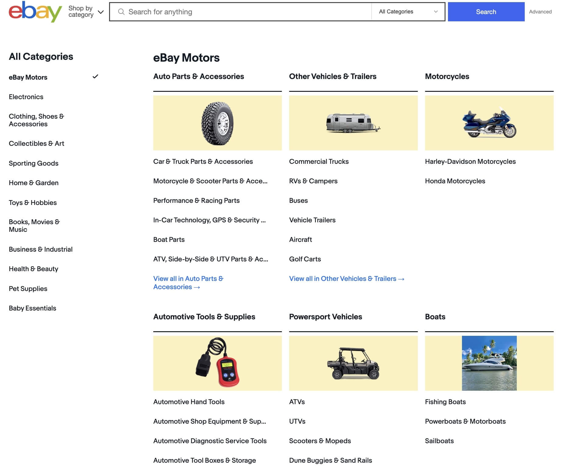 The "eBay categories" page, with the eBay motors menu selected, showcasing sections with products from Auto Parts & Accessories to Automotive Tools & Supplies to Boats.